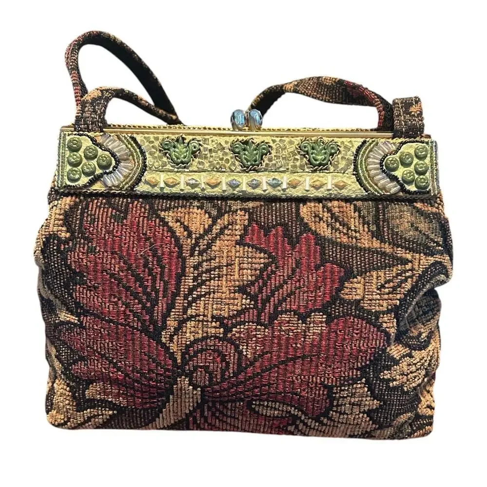Mary Frances Beaded Floral Tapestry Kiss Lock Frame Bag Boho Embellished Bag